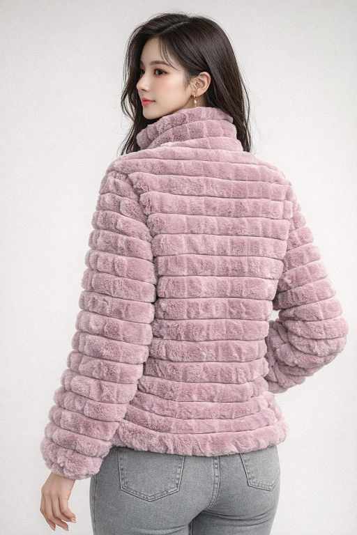 women, lavender plush winter jacket showing ribbed faux fur texture and full sleeves