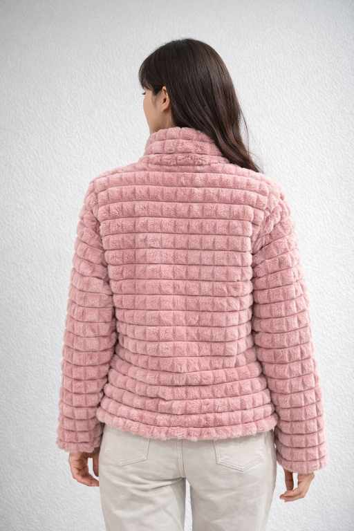 women, soft pink plush winter jacket with ribbed faux fur fabric and full sleeve design